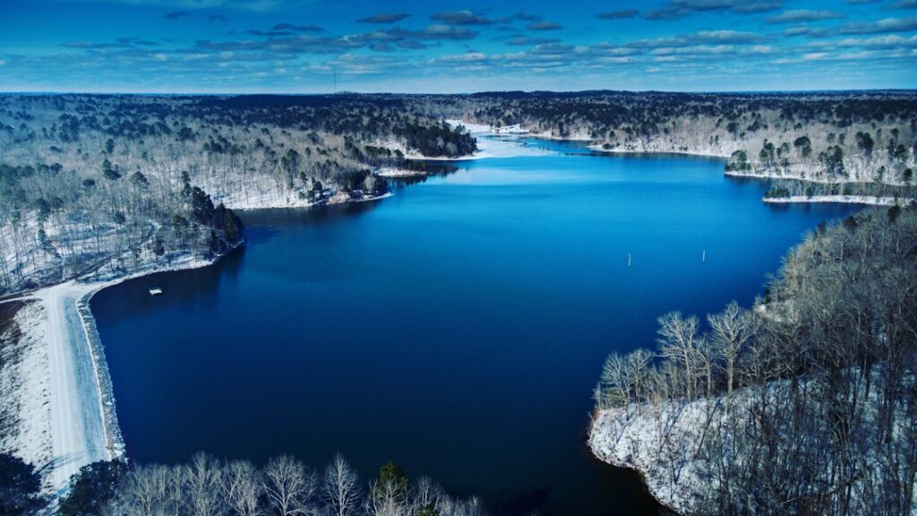Big Hill Pond State Park in snow near Selmer, McNairy County, Tennessee